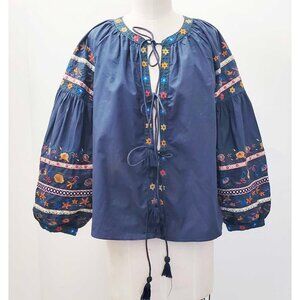 Zara Trafaluc Collection Women's Boho blue Embroidered Balloon Sleeve Blouse Top